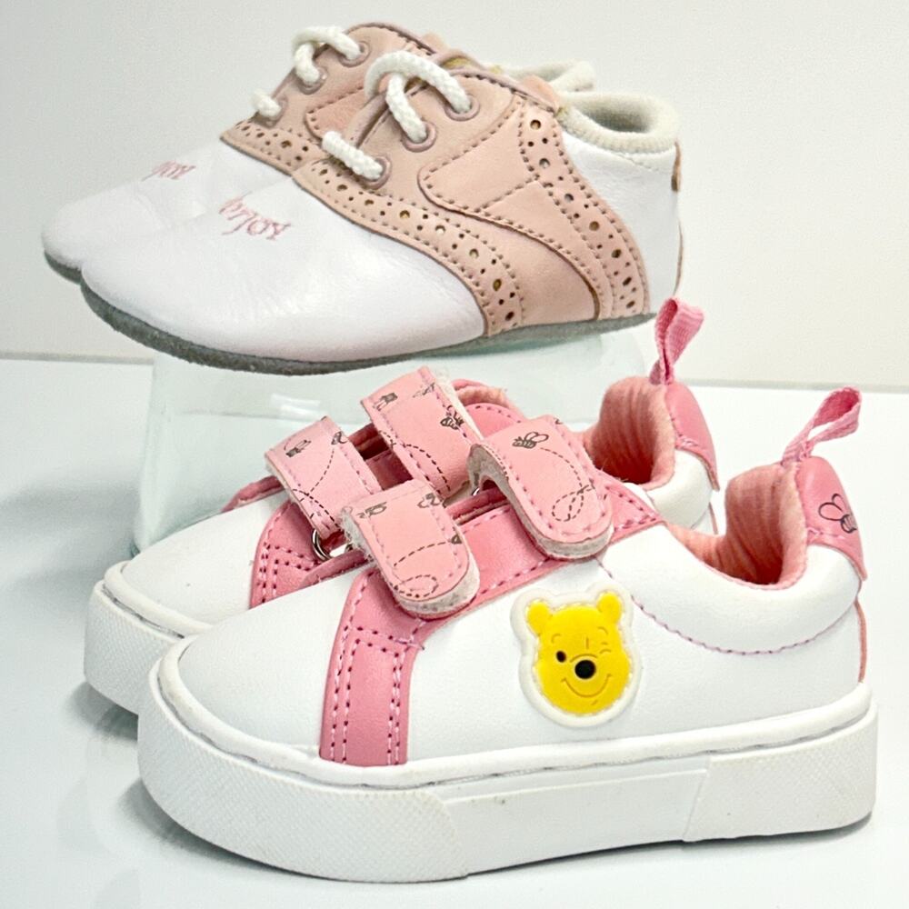 2 pair Baby Girl Vacation Shoes Size 2 DISNEY Pooh & FOOTJOY Saddle Golf Pink